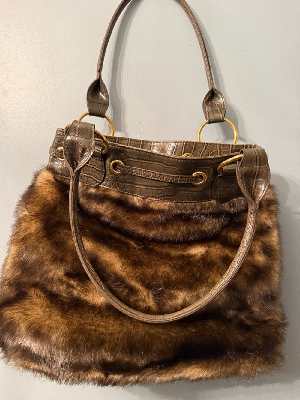 Fabulous Furs Brown Faux Fur & Croc-Embossed Shoulder Bag with Gold Rings - Picture 3 of 6